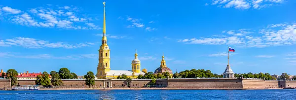 Peter and Paul Fortress with its golden spire overlooking the Neva River in St. Petersburg