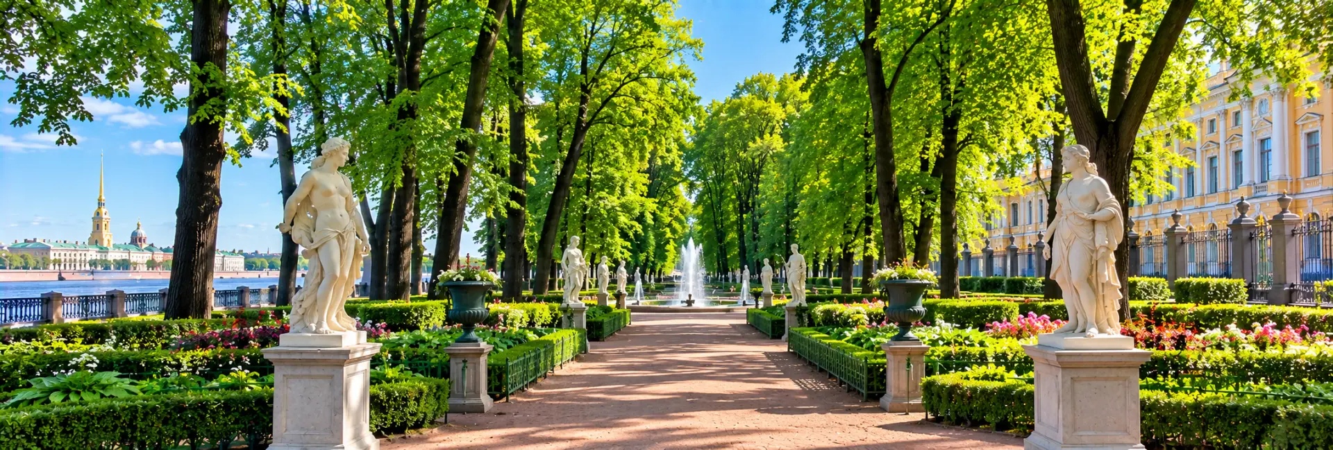 Summer Garden in St. Petersburg with classical statues, fountains and manicured flowerbeds