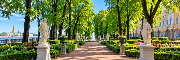 Summer Garden in St. Petersburg with classical statues, fountains and manicured flowerbeds
