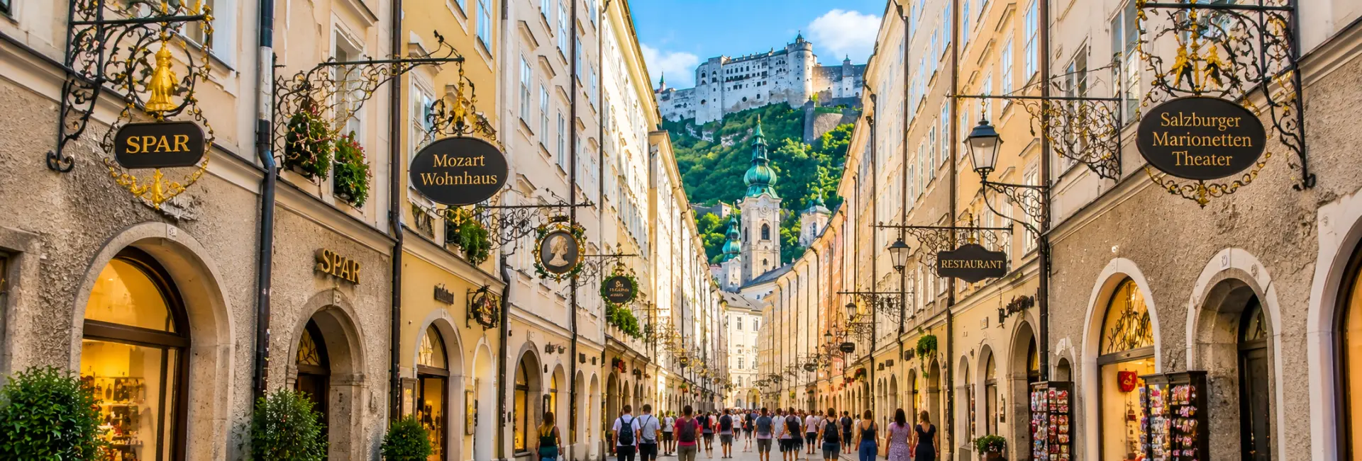 Getreidegasse in Salzburg with historic buildings, ornate shop signs and Hohensalzburg Fortress above.