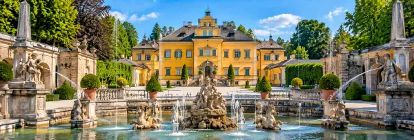 Hellbrunn Palace and Trick Fountains with Baroque gardens and water features in Salzburg, Austria.