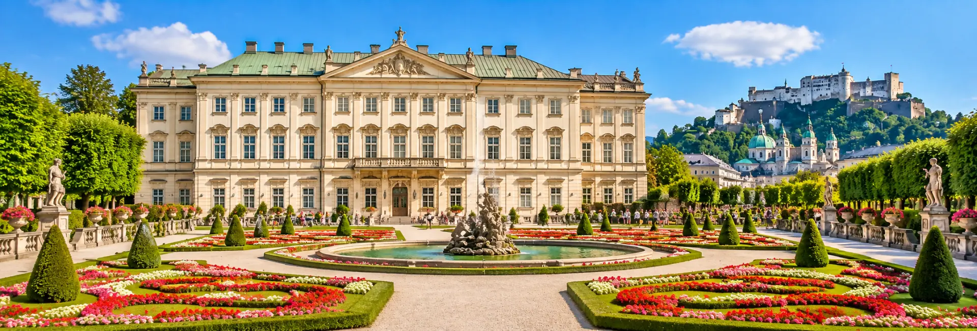 Mirabell Palace and Gardens in Salzburg with colorful flowers and Hohensalzburg Fortress in the background.