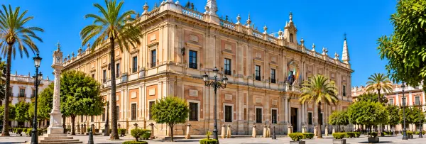 Archivo de Indias in Seville, Spain, featuring its historic Renaissance architecture and ornate stone façade.