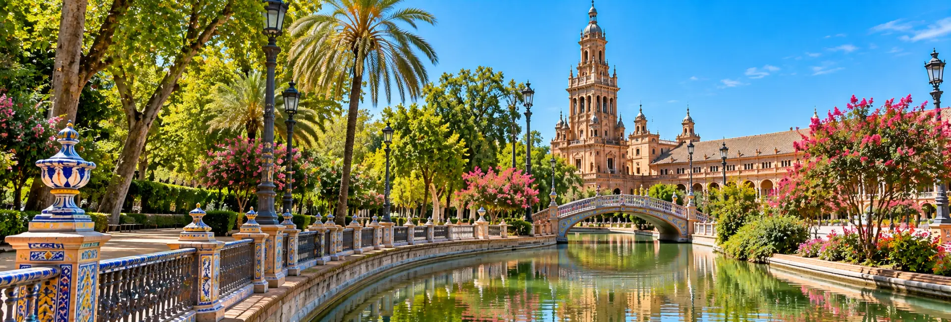 Parque de María Luisa in Seville, Spain, featuring a scenic canal, ornate bridge, and lush gardens.
