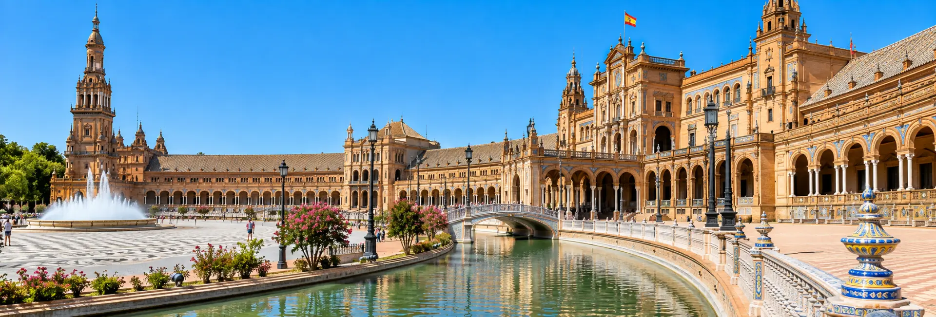 Plaza de España in Seville, Spain, featuring its grand semicircular architecture and scenic canal.