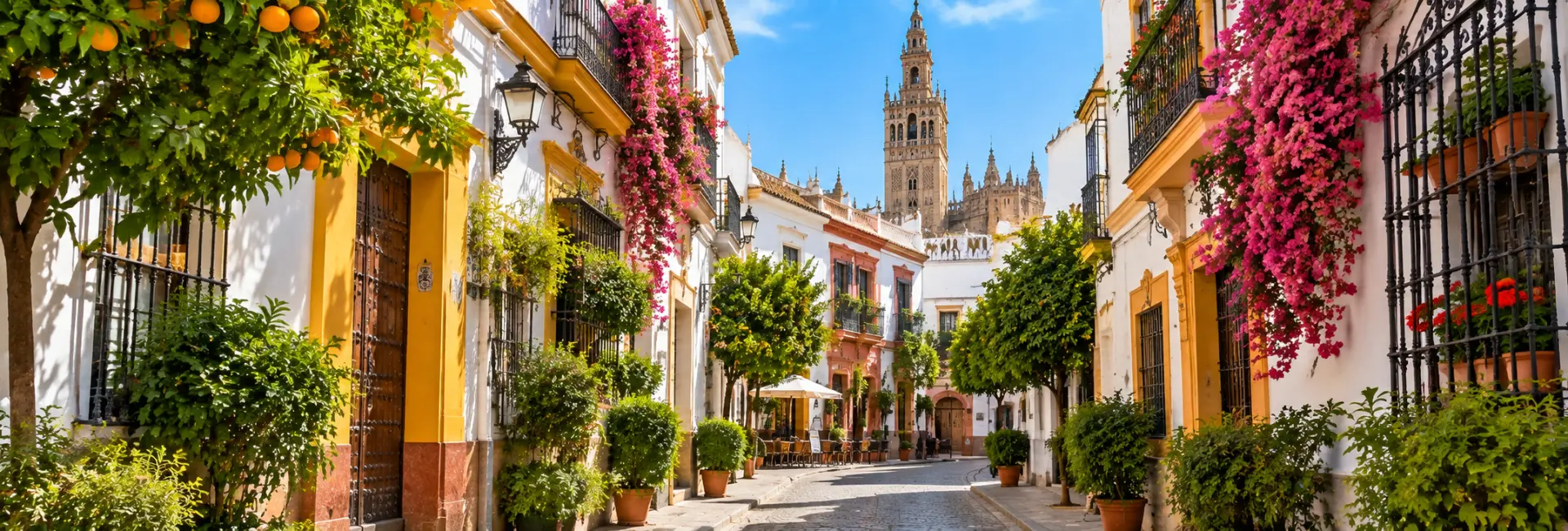 Santa Cruz Quarter in Seville, Spain, featuring charming cobblestone streets and colorful bougainvillea.