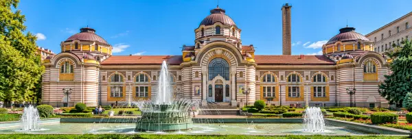 Sofia Central Mineral Baths in Bulgaria, featuring ornate architecture, colorful domes, and historic mineral springs.