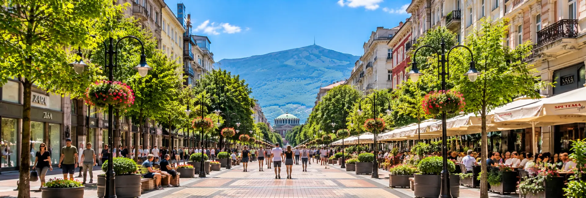 Vitosha Boulevard in Sofia, Bulgaria, featuring a lively pedestrian street, outdoor cafés and Vitosha Mountain.