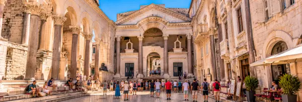 Diocletian’s Palace in Split, Croatia, featuring ancient Roman architecture and the historic Peristyle.