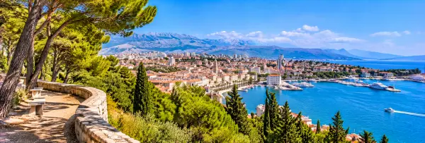 Panoramic view from Marjan Hill overlooking Split, Croatia, its harbor, Old Town and Adriatic Sea.