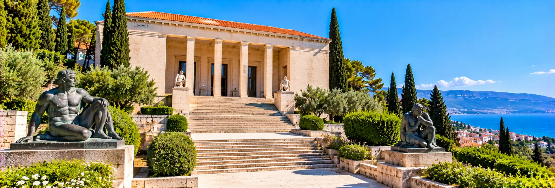 Meštrović Gallery in Split, Croatia, featuring its stone façade, sculptures and landscaped Mediterranean gardens.