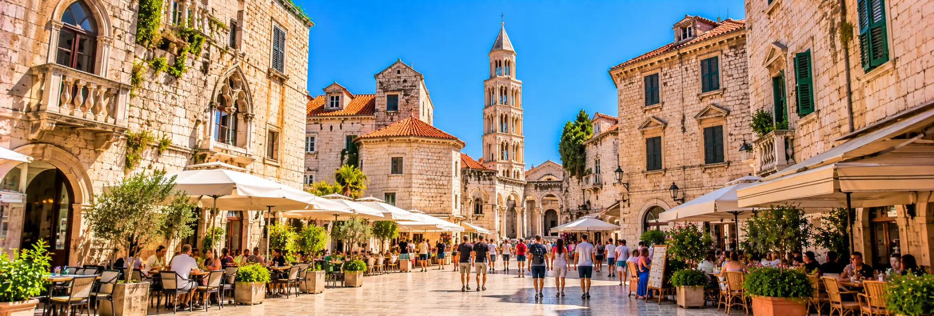 Old Town of Split, Croatia, with historic stone streets, traditional buildings and the Cathedral of Saint Domnius.