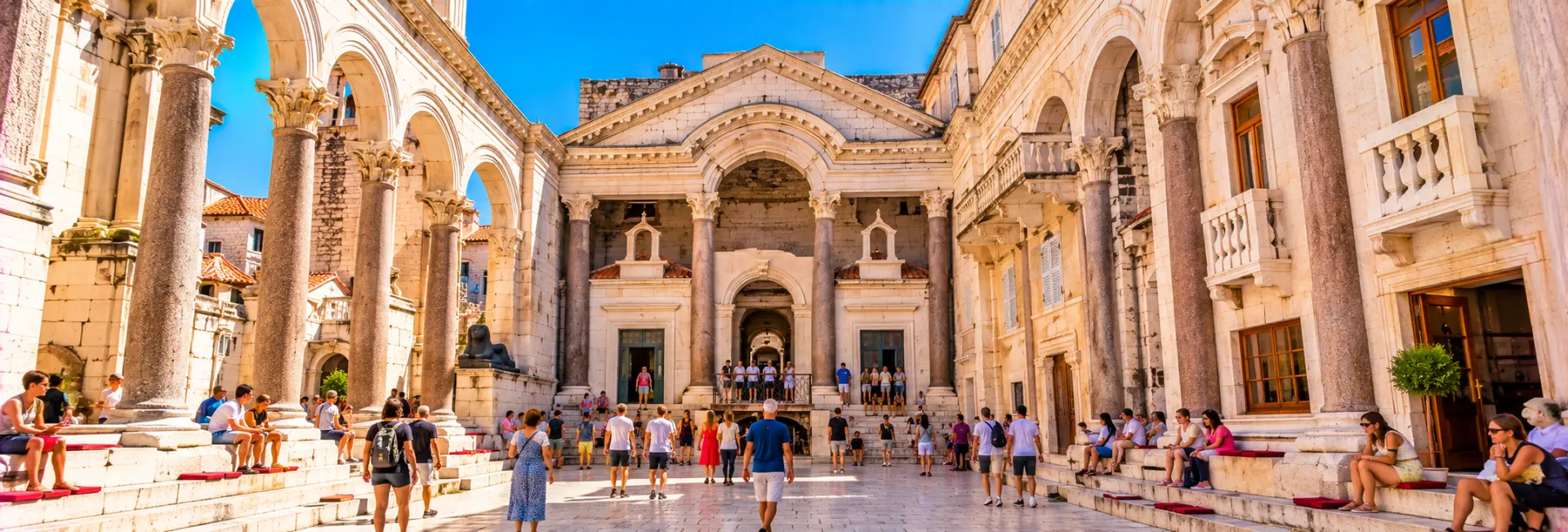 Peristyle Square in Split, Croatia, featuring ancient Roman columns and architecture within Diocletian’s Palace.