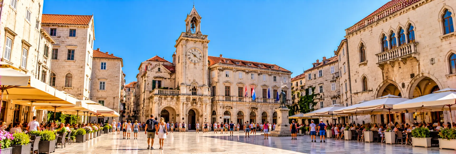 Pjaca People’s Square in Split, Croatia, surrounded by historic stone buildings, cafés and the Old Town clock.