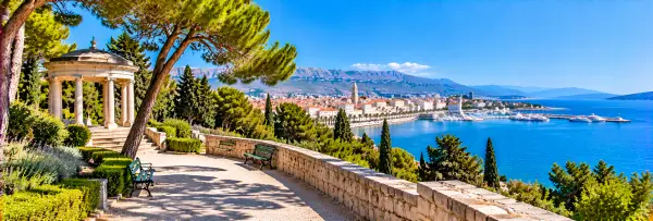 Sustipan Park in Split, Croatia, with lush greenery and panoramic views over the Adriatic Sea and city.