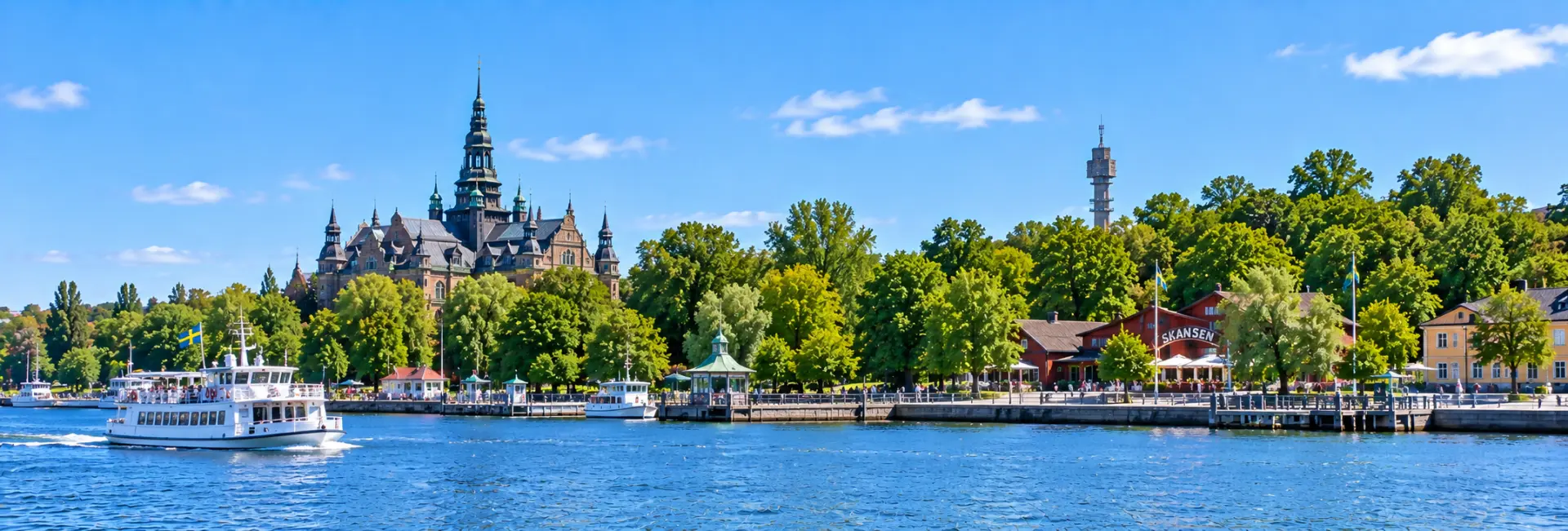 Djurgården Island waterfront with historic museums and greenery in Stockholm, Sweden