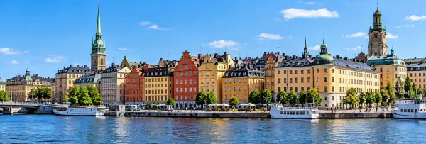 Gamla Stan Old Town waterfront and colorful historic buildings in Stockholm, Sweden
