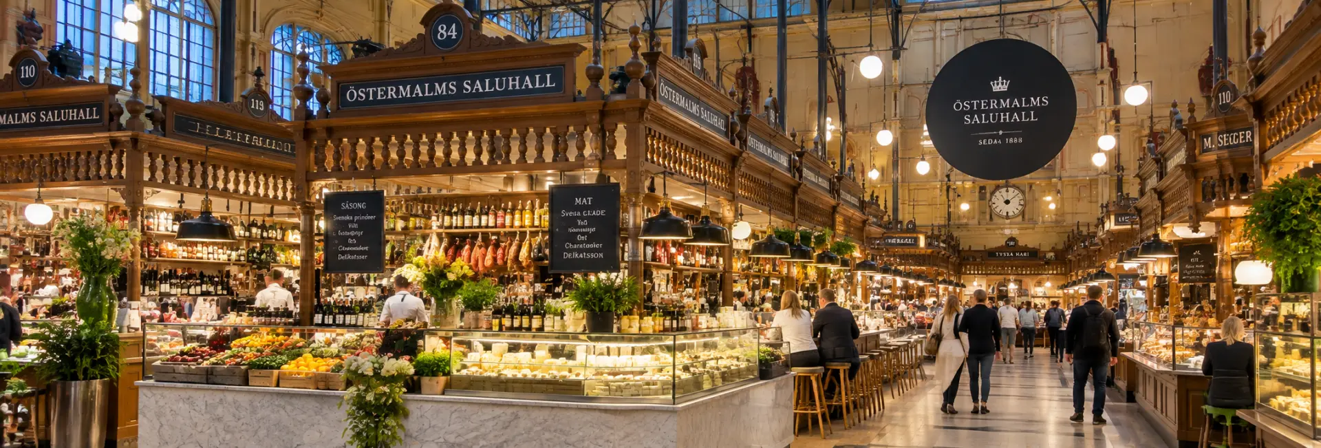 Östermalm Food Hall with historic market stalls and gourmet food in Stockholm, Sweden