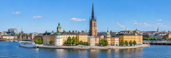 Riddarholmen island with historic buildings and Riddarholmen Church in Stockholm, Sweden