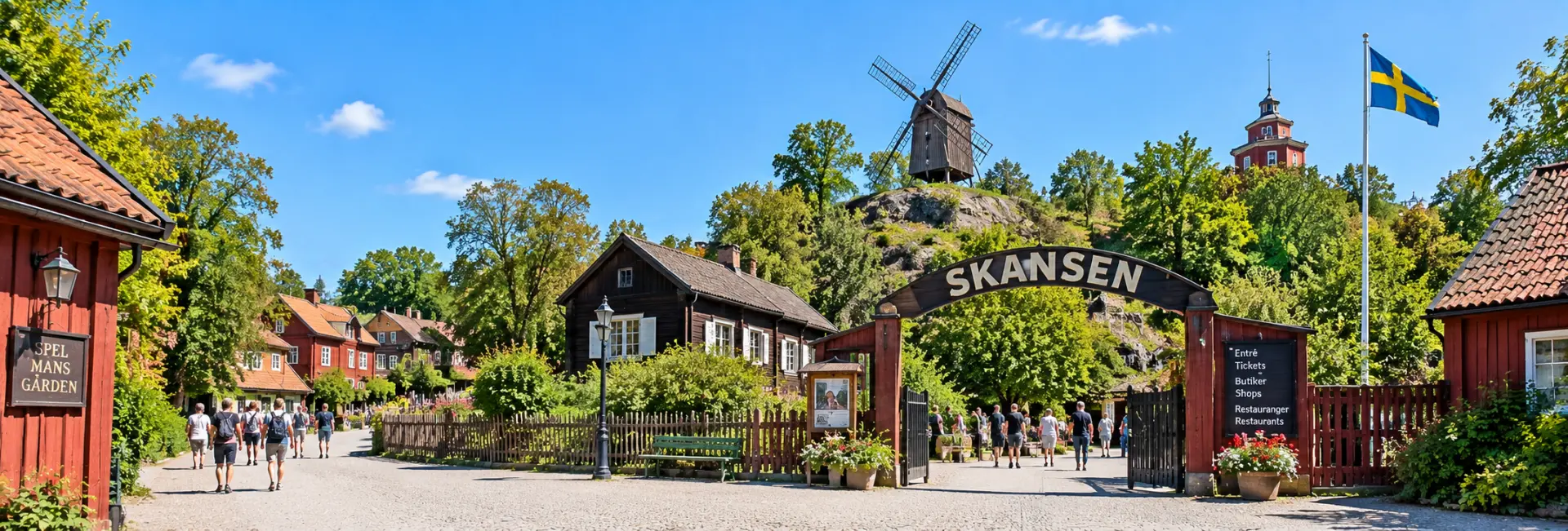Skansen Open-Air Museum with historic Swedish buildings and windmill in Stockholm, Sweden