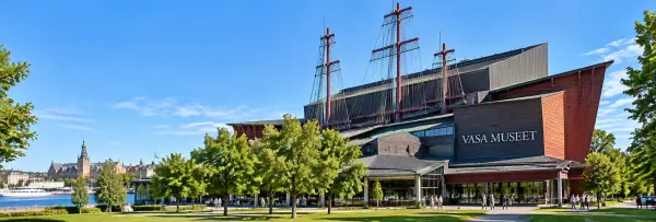 Vasa Museum with its distinctive architecture and ship masts in Stockholm, Sweden