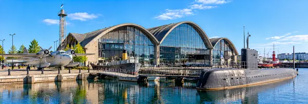 Seaplane Harbour Museum in Tallinn, Estonia, featuring historic aircraft, a submarine and maritime exhibition hangars.