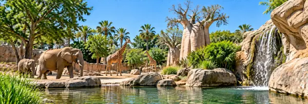 Bioparc Valencia, Spain, featuring elephants, giraffes, and lush greenery in a naturalistic habitat.