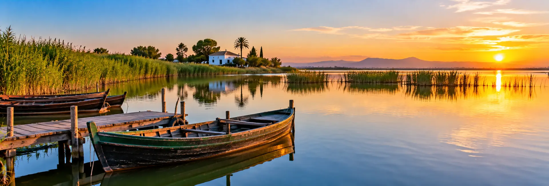 L'Albufera Natural Park in Valencia, Spain, featuring traditional boats and peaceful wetlands at sunset.