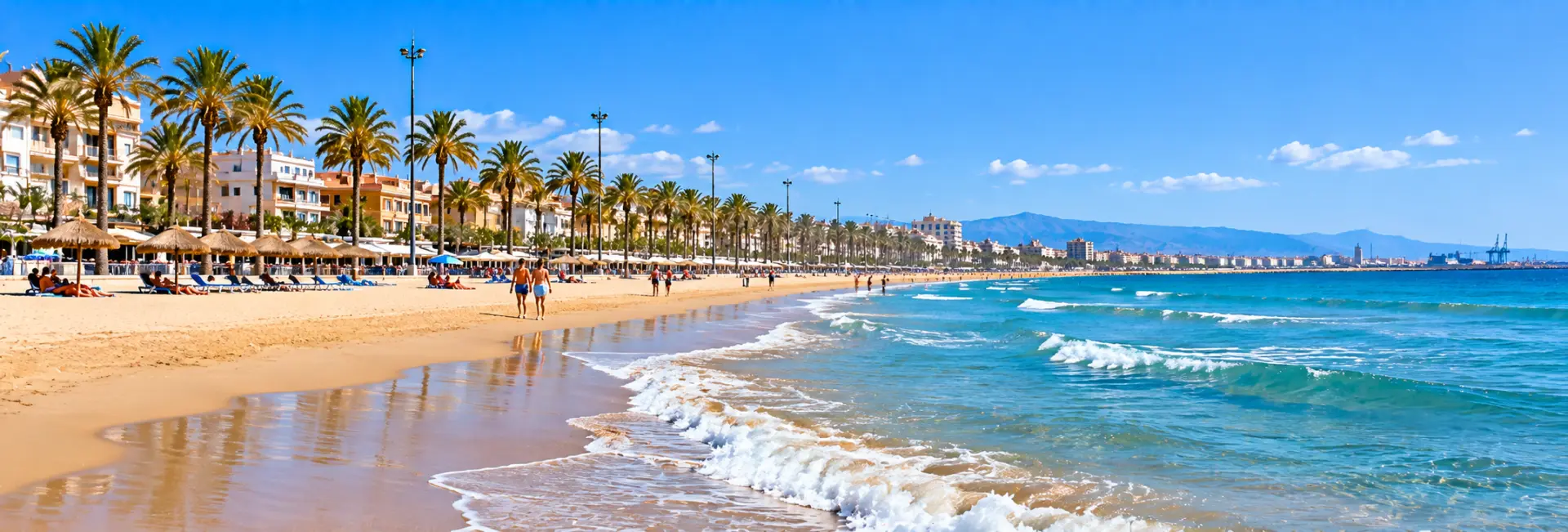 Malvarrosa Beach in Valencia, Spain, featuring golden sand, turquoise Mediterranean waters, and palm-lined promenades.