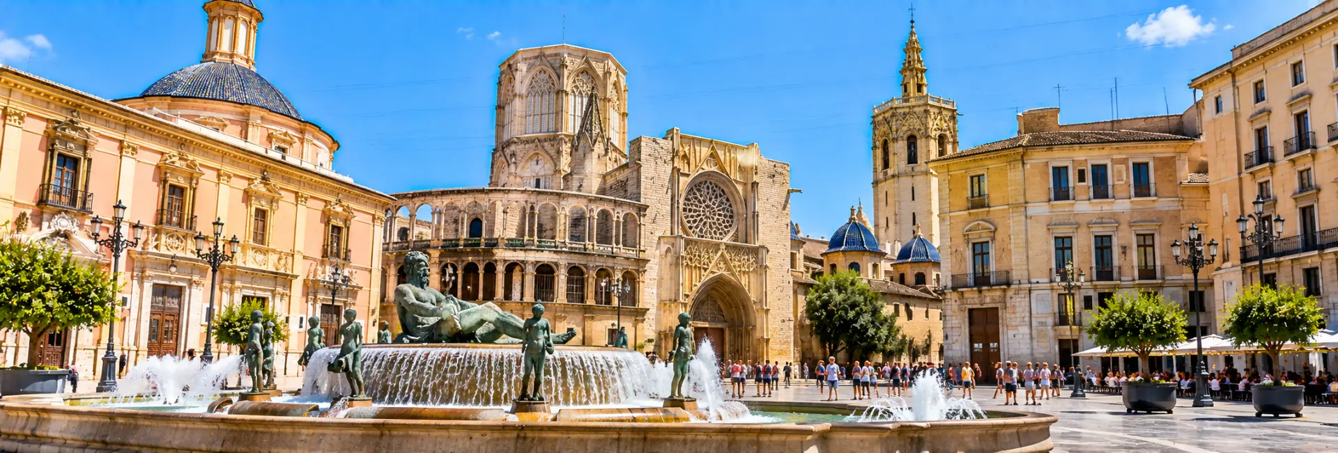 Plaza de la Virgen in Valencia, Spain, featuring a historic cathedral and ornate central fountain.