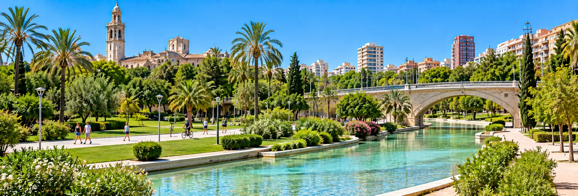 Turia Gardens in Valencia, Spain, featuring lush greenery, scenic waterways, and a stone bridge.