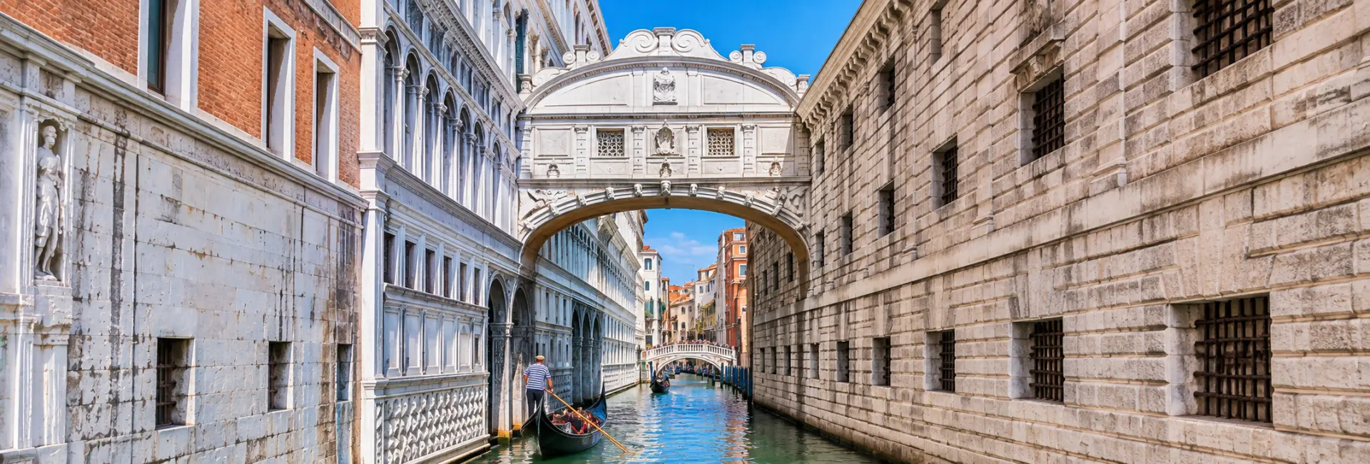 Bridge of Sighs in Venice, Italy, spanning a narrow canal between historic stone buildings.