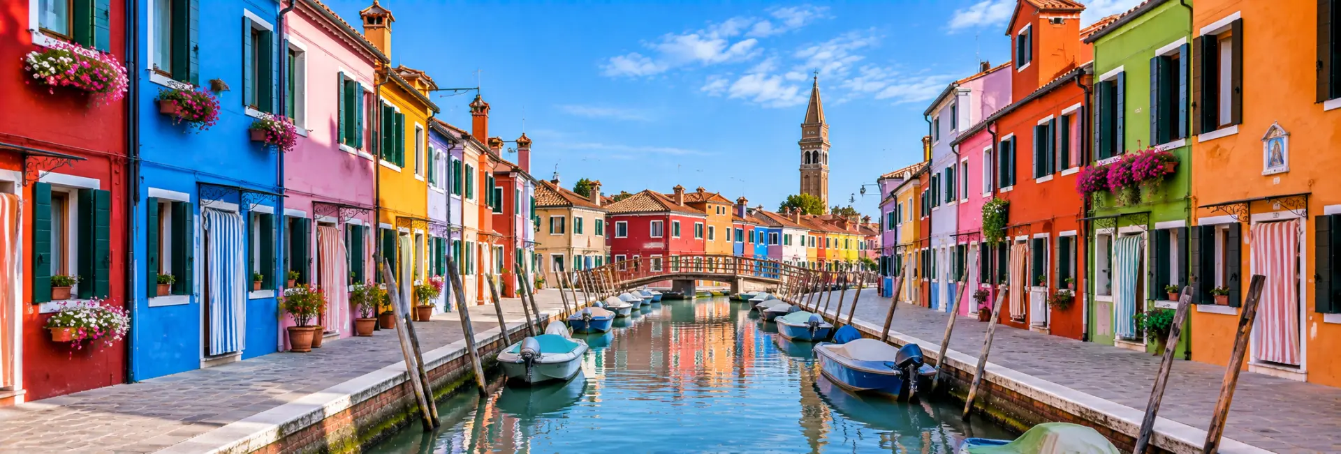 Burano Island in Venice with colorful houses, canals, boats and the leaning bell tower