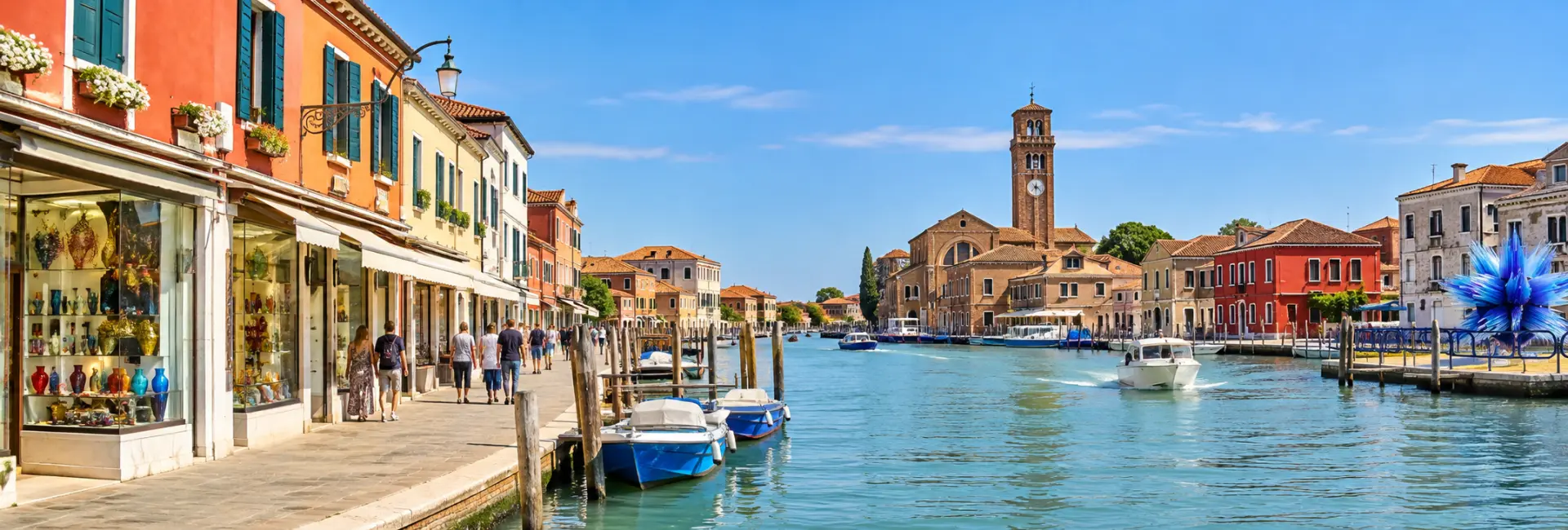 Murano Island, Venice, with colorful waterfront buildings, boats, glass shops, and the historic bell tower.