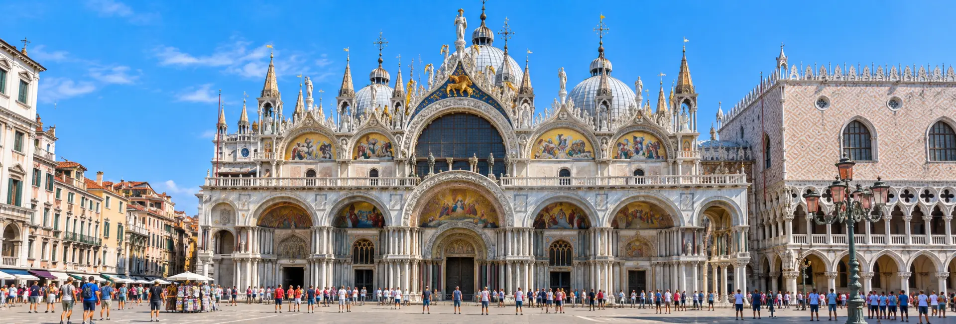 St. Mark’s Basilica in Venice with its ornate façade, golden mosaics, domes, and Gothic details.