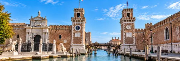 Venice Arsenal with its historic brick walls, twin towers and ornate entrance
