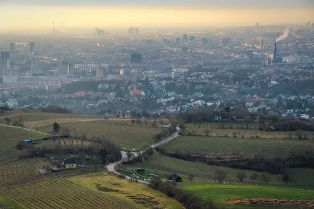 Panoramic view of Vienna from Kahlenberg with vineyards and the city skyline