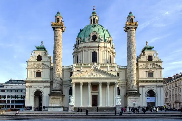 Karlskirche in Vienna with its green dome, twin columns and grand Baroque façade