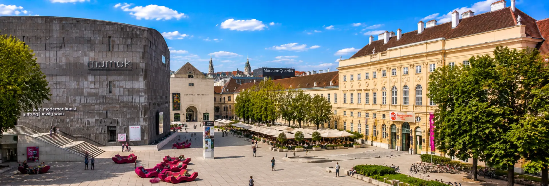 MuseumsQuartier in Vienna with historic buildings, museums, cafés, and its lively public courtyard