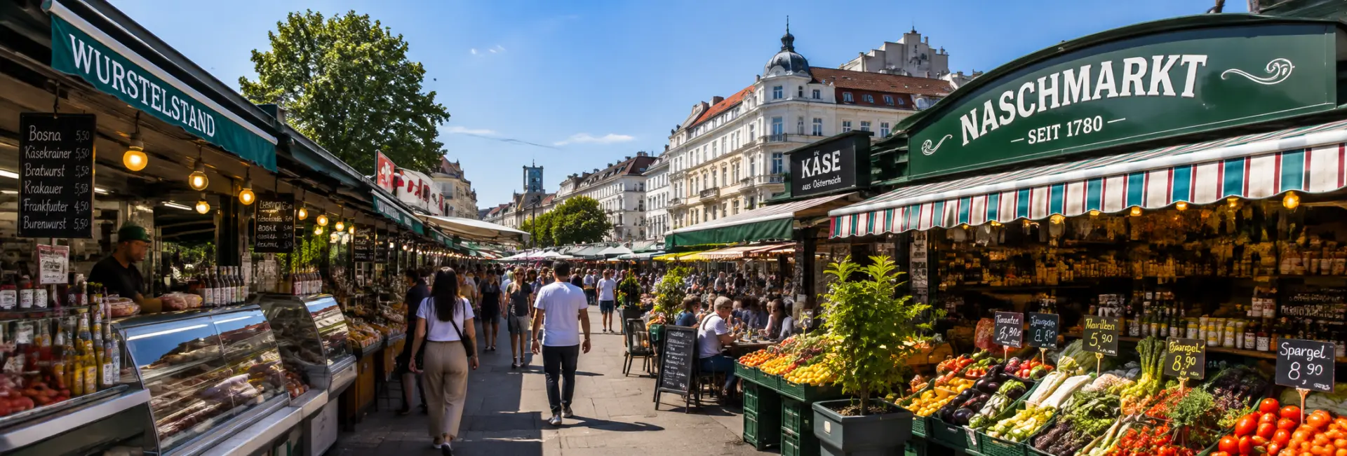 Naschmarkt in Vienna with colorful food stalls, fresh produce, and historic buildings