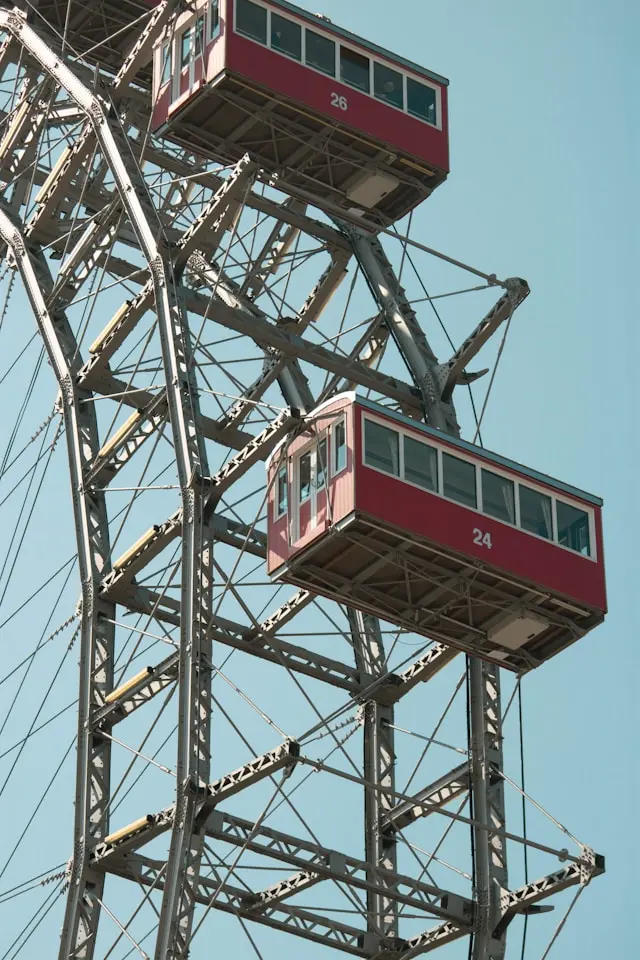 Red cabins of the Giant Ferris Wheel at Vienna’s Prater
