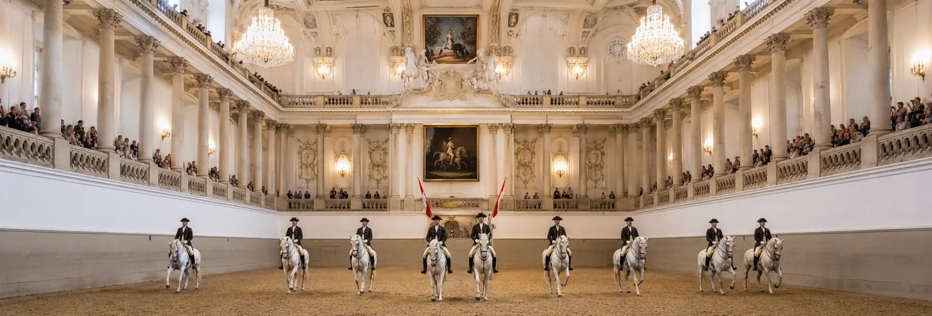 Spanish Riding School in Vienna with Lipizzaner horses performing in the historic riding hall