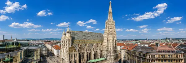 St. Stephen’s Cathedral (Stephansdom) in Vienna with its iconic Gothic spire and colorful tiled roof