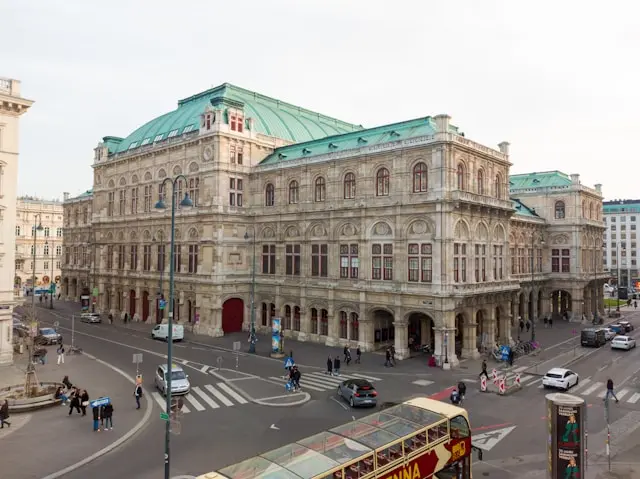 Vienna State Opera building at a busy intersection in central Vienna