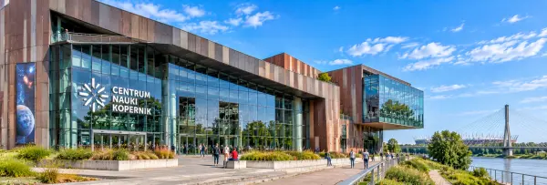 Copernicus Science Centre in Warsaw with its modern glass façade beside the Vistula River