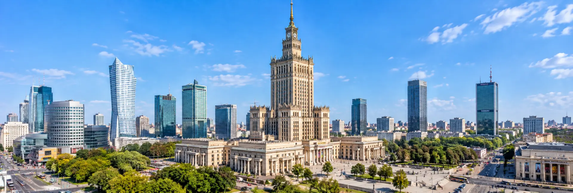 Palace of Culture and Science dominating the modern Warsaw skyline in Poland