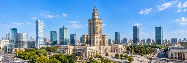 Palace of Culture and Science dominating the modern Warsaw skyline in Poland