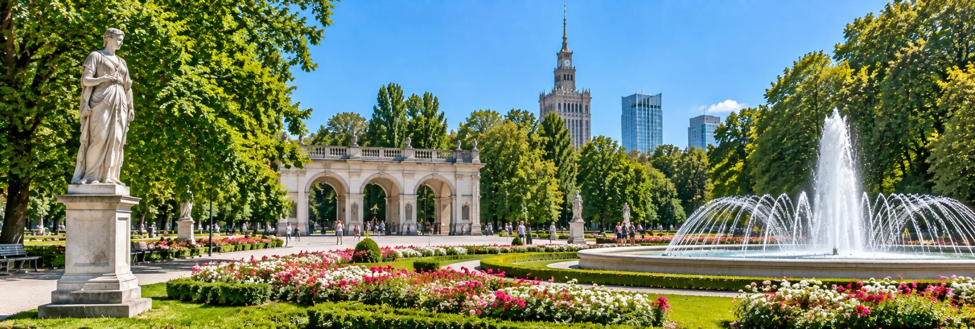 Saxon Garden in Warsaw with fountains, flowerbeds, classical statues, and the historic arcade