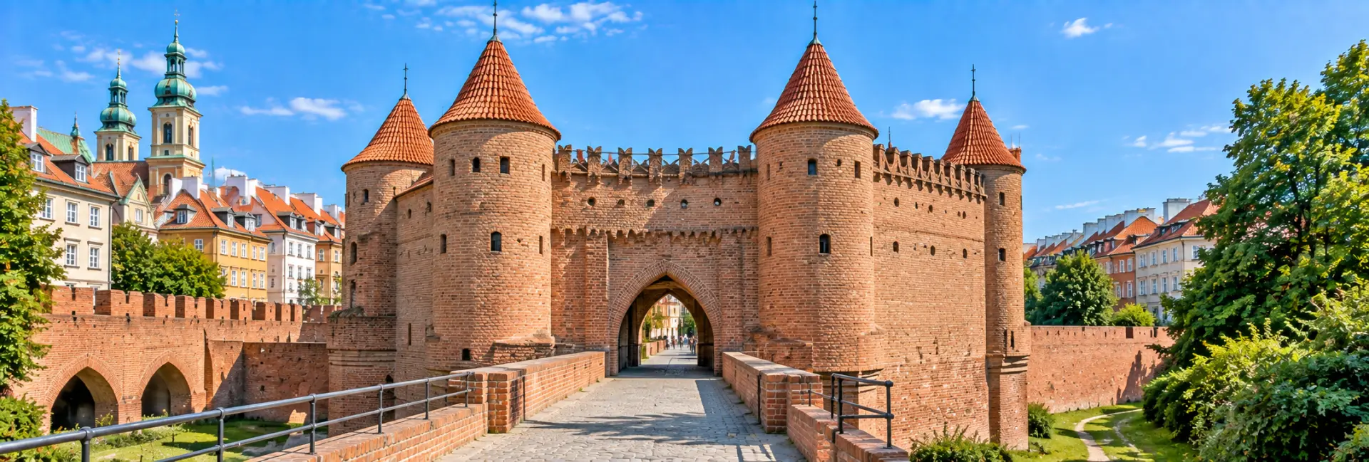 Warsaw Barbican with its historic brick walls, towers, and arched gateway