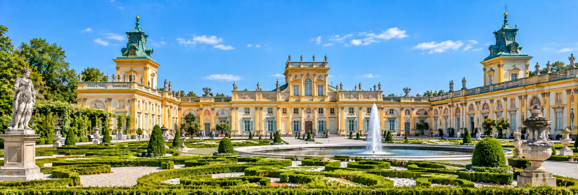 Wilanów Palace in Warsaw with its ornate Baroque façade and formal gardens